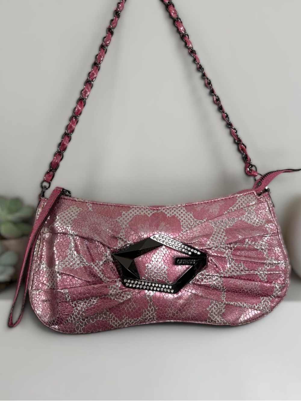 GUESS Vintage Y2K Metallic Pink Floral Shoulder Bag NWT Rhinestone Buckle Rare